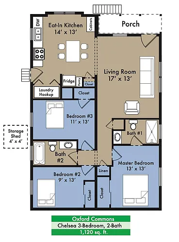 Floor plan Income Restricted Chelsea 3-Bedroom