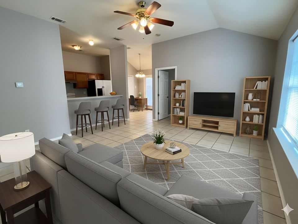 Living room with breakfast bar. Virtual staging.