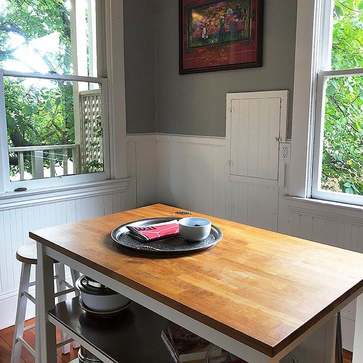 Kitchen island with south and west facing large windows