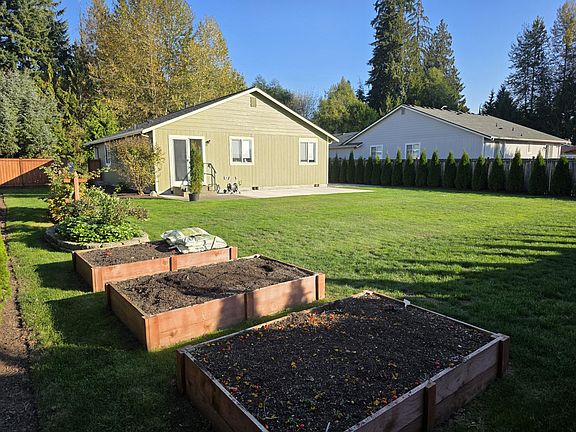 Back yard view from raised garden beds
