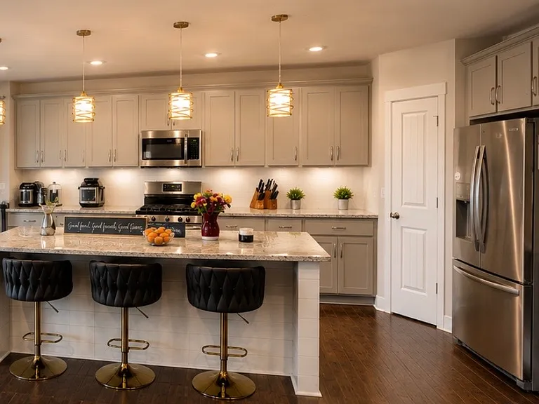 Plenty of cabinetry, walk in pantry, stainless steel appliances, and large sink located within the center island.