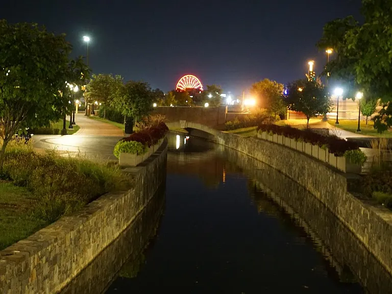 Carroll Creek's Galleria Fountain, just a few steps from the parking area. The Great Frederick Fair's Ferris Wheel is visible in the background.