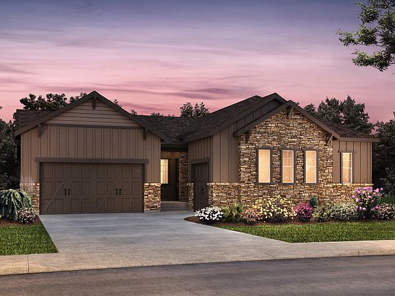 Single-story Cesena shown in Elevation C with a three-car garage and stunning accents.