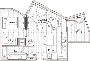 Floor plan 1 Bed/1 Bath Den-B3