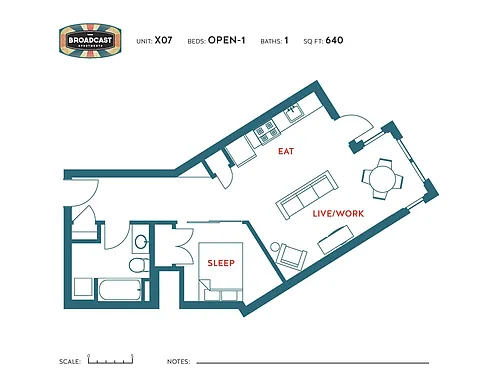 Floor plan 1 Bedroom 1 Bath x07