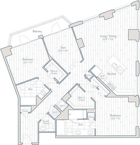 Floor plan 2 Bed/2.5 Bath Den-F2-b1