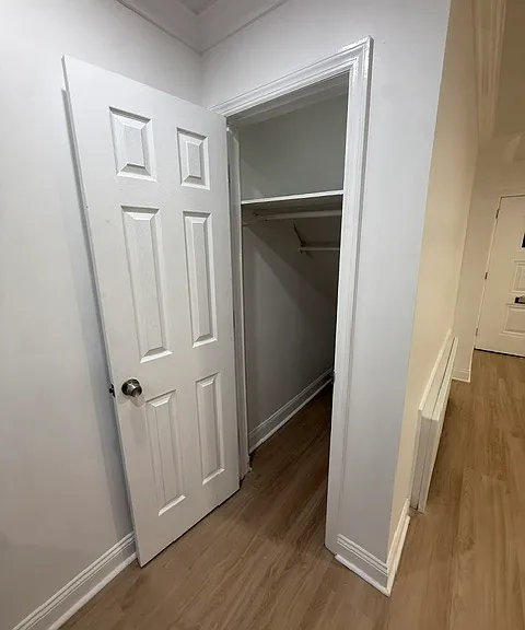 Generous closet with built-in shelving & hanging space