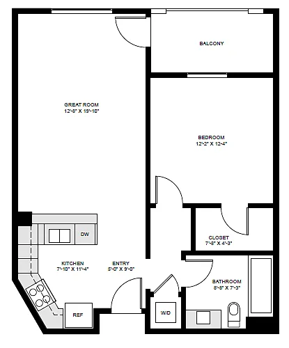Floor plan 1 Bedroom, 1 Bathroom (E)