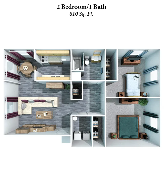 Floor plan 2 Bed, 1 Bath 810SqFt