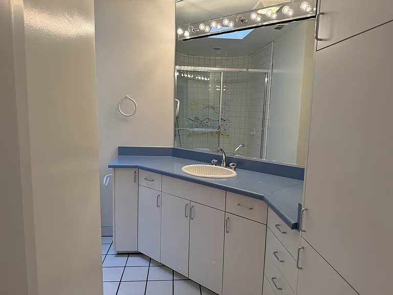 The hallway bathroom is tastefully appointed with glass shower enclosures and organized storage.