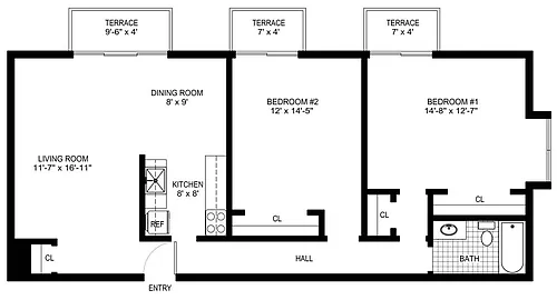 Floor plan 2 Bedroom/1 Bath - 3 Balconies