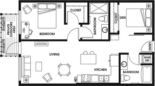 Floor plan 1 Bed/2 Bath Den-B7a_D
