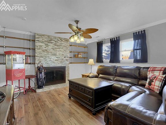 The lower level family room has a gas fireplace with a custom stone surround and