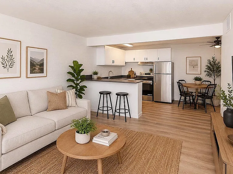 Open-concept living, dining and kitchen