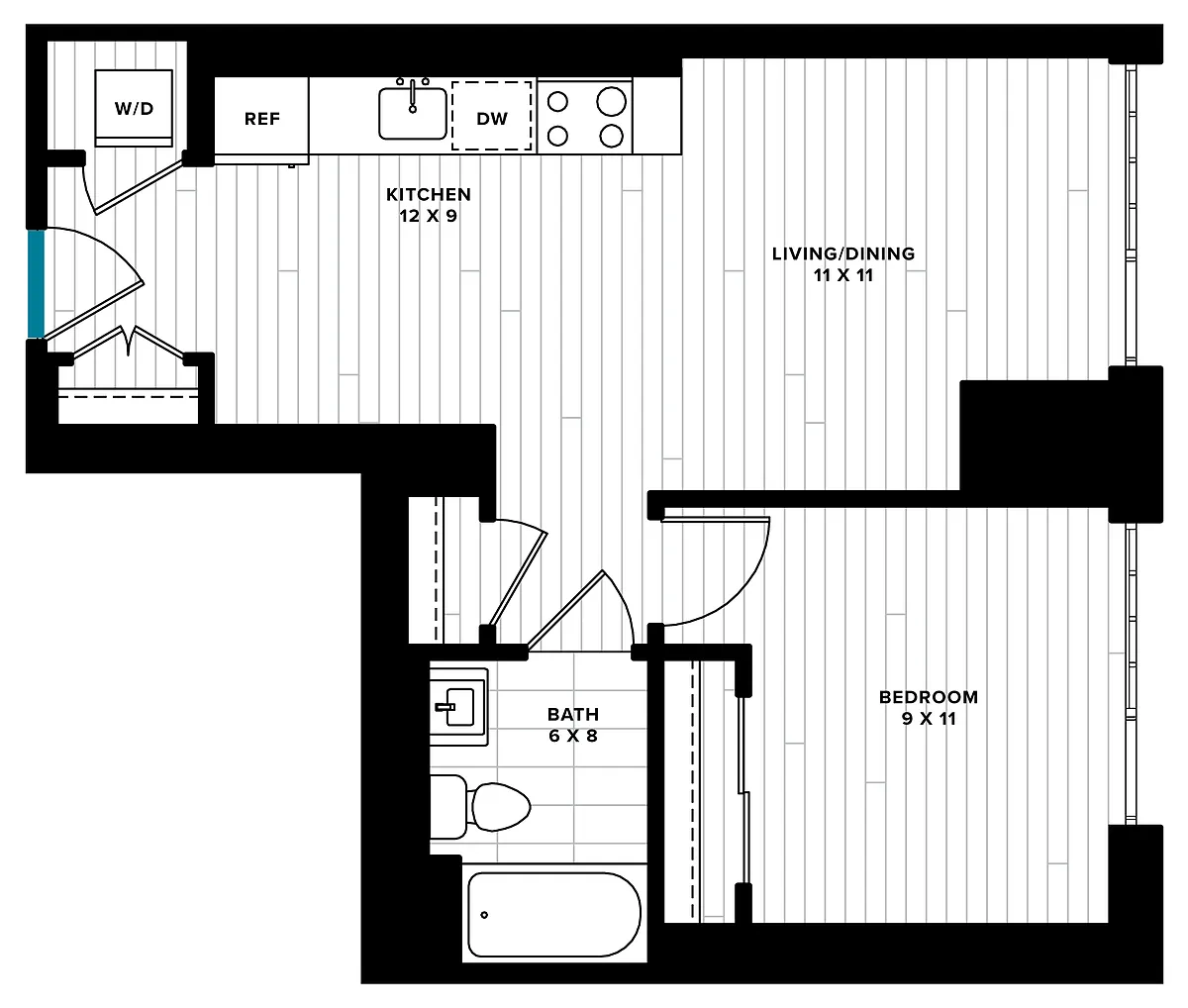 Floor plan 1 Bed/1 Bath-1J