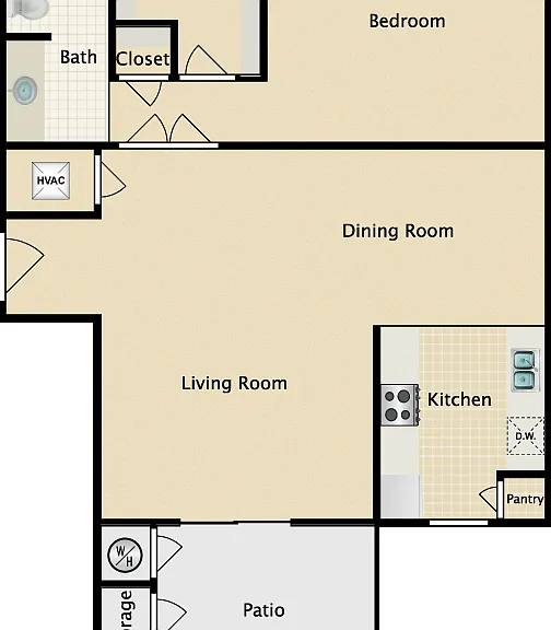 1 Bed 1 Bath Floorplan Diagram