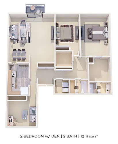 Floor plan Two Bedroom 2 Bath w/ Den - 1,214 sqft