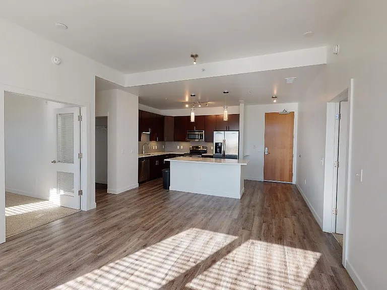 Apartment kitchen with stainless steel appliances, dining and living room with wood-style flooring.
