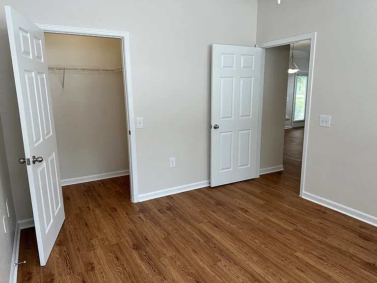 Bright room with wood-style flooring, featuring two doors leading to a spacious closet and an adjoining hallway with natural light. Bright room with wood-style flooring, featuring two doors leading to a spacious closet and an adjoining hallway with natura