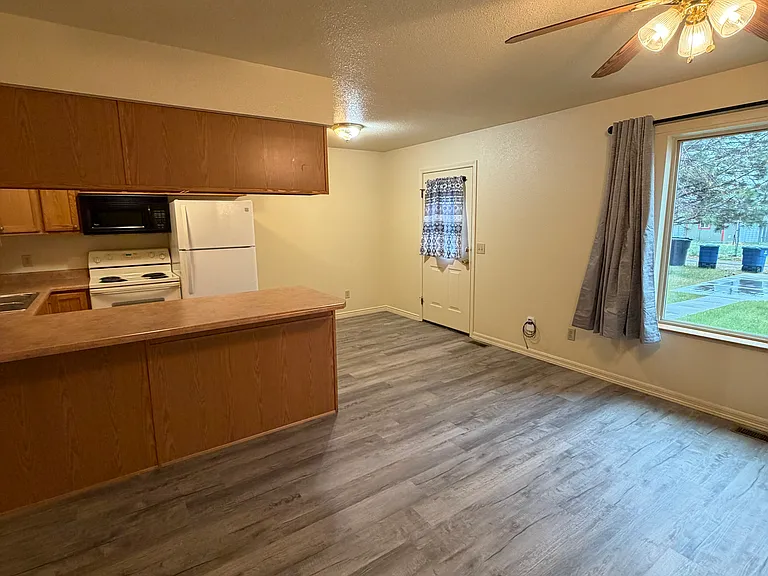 Dining room and kitchen.