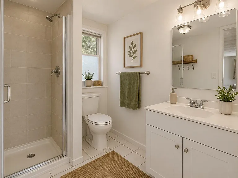 Well-appointed bathroom with tiled shower, large vanity with mirror, and a window providing natural light and ventilation.