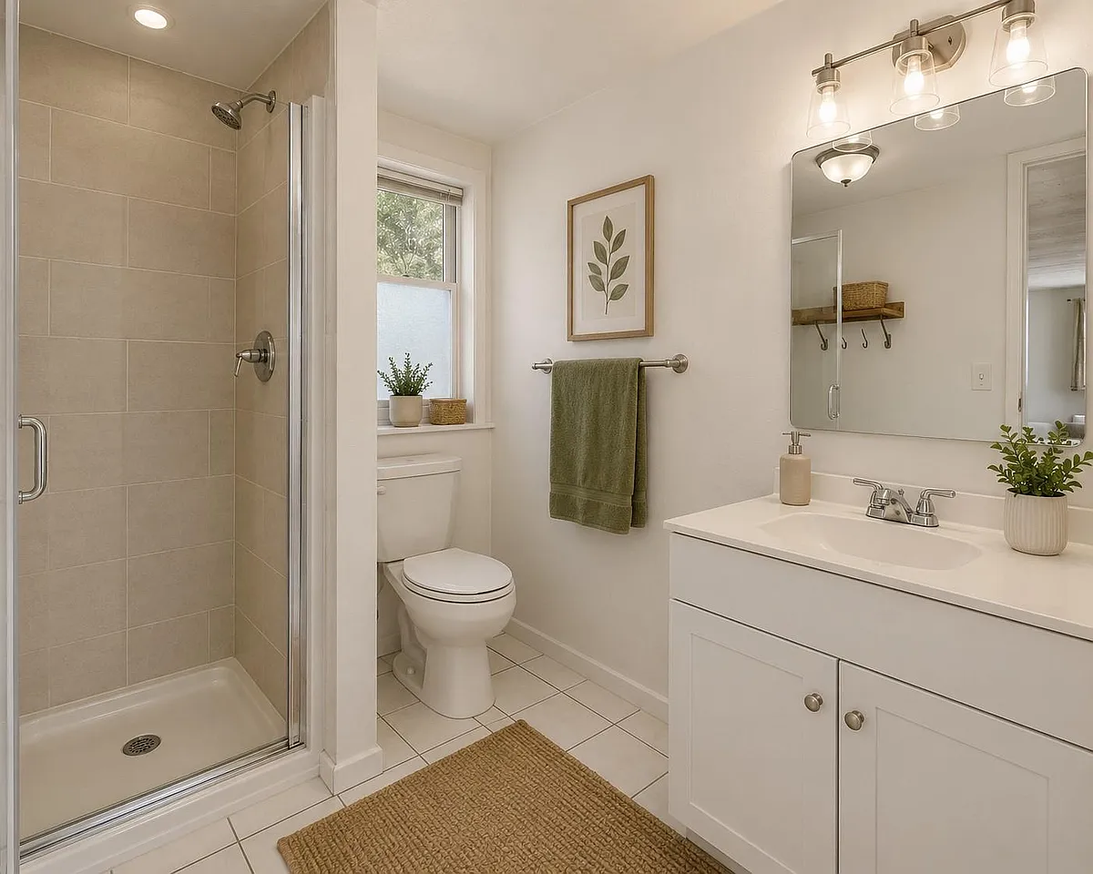 Well-appointed bathroom with tiled shower, large vanity with mirror, and a window providing natural light and ventilation. - N 27th St