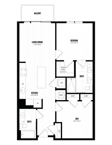 Floor plan 1 Bed/1 Bath Den- 1K+D