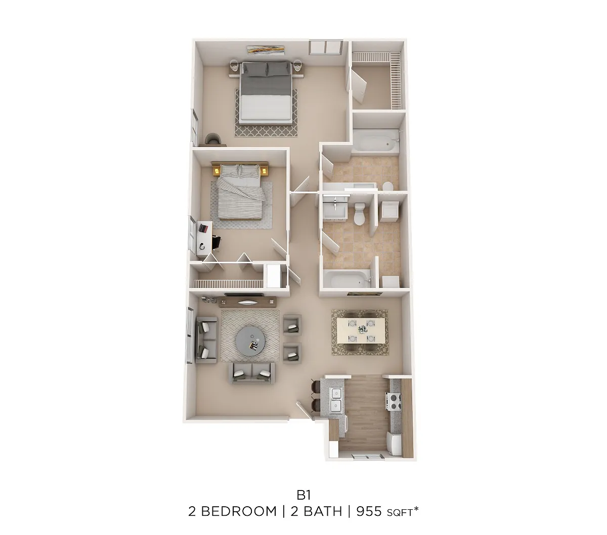 Floor plan Two Bed Two Bath 955 Sqft