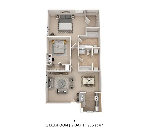 Floor plan Two Bed Two Bath 955 Sqft