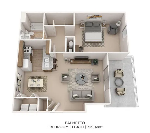 Floor plan One Bedroom- 729 SqFt