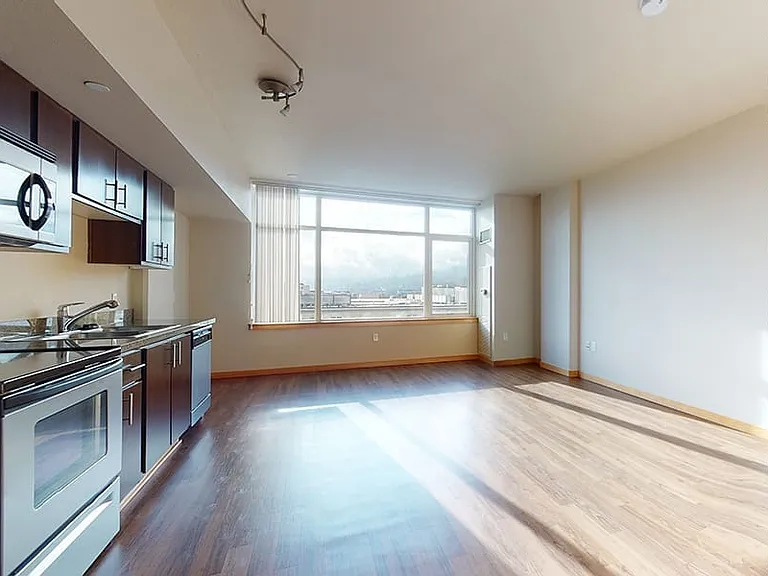 Apartment Kitchen with Stainless Steel Appliances, Dining and Living Room with Wood-Style Flooring.