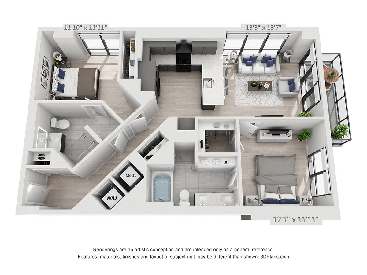 Floor plan Two Bedroom Two Bath Penthouse (1,147 SF)