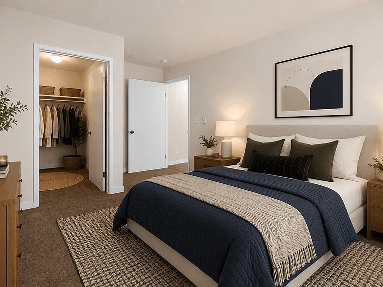 Spacious primary bedroom featuring a walk-in closet, plush carpeting, and stylish modern staging. Spacious primary bedroom featuring a walk-in closet, plush carpeting, and stylish modern staging.
