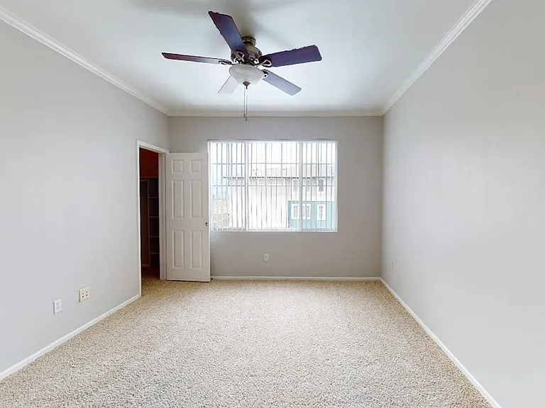 Spacious apartment bedroom with large closet and plush carpet flooring.