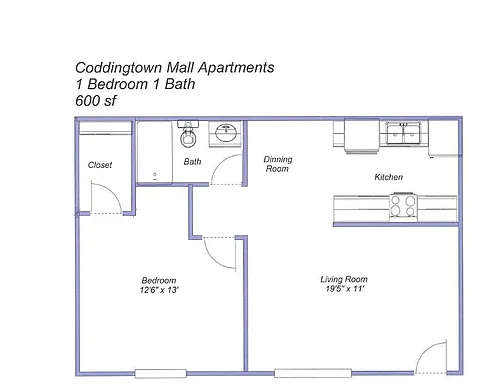 Floor plan 1 Bed 1 Bath - Upstairs with Standard Amenities