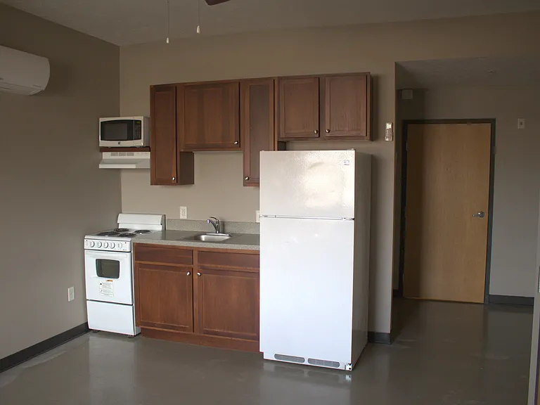 Kitchens include a fridge/freezer, an over, a vent, a microwave, and a sink.