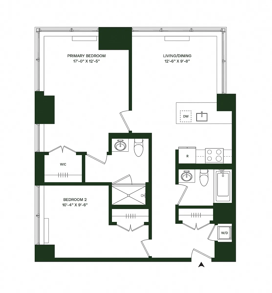 Floor plan Residence 14 - North: 2BR 2BA
