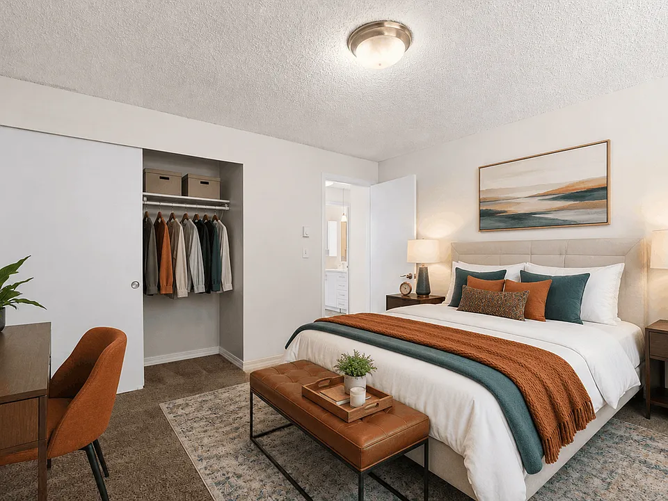 A warm and inviting bedroom with modern styling and generous closet space at Chambers Pointe Apartments.