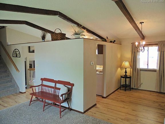 Carpeted living room with nice flow into hardwood dinning space.