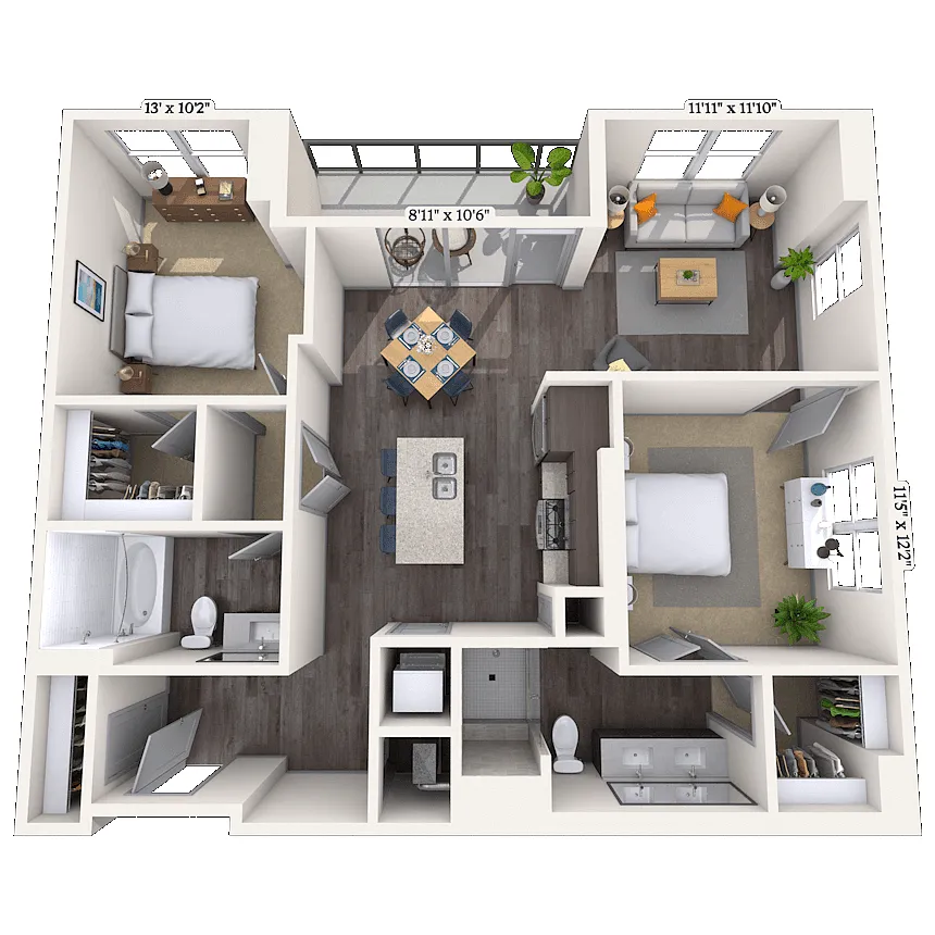 Floor plan Traditional 2x2 1033-1121 SF