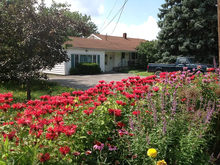 House view from street with big parking area.