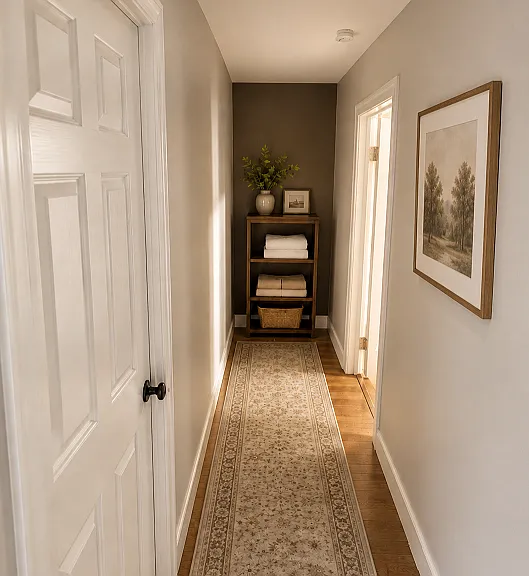Charming hallway with storage area.