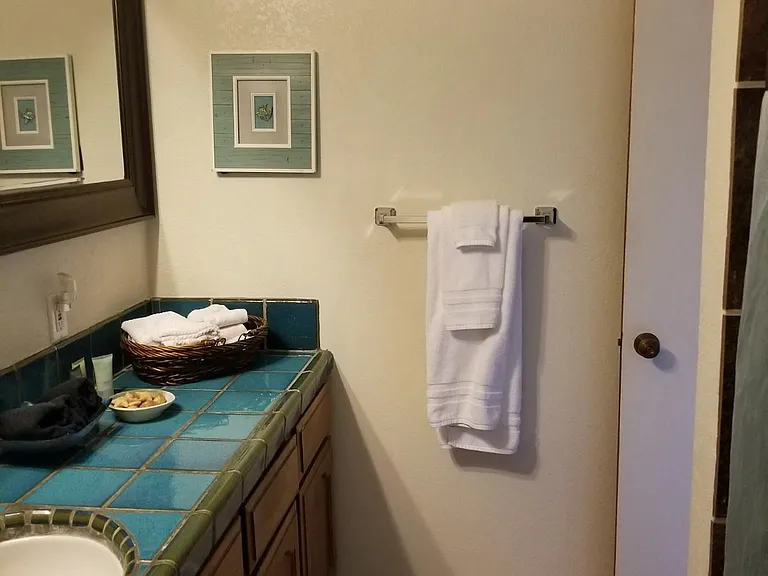 Full bathroom near living room and bunk bedroom