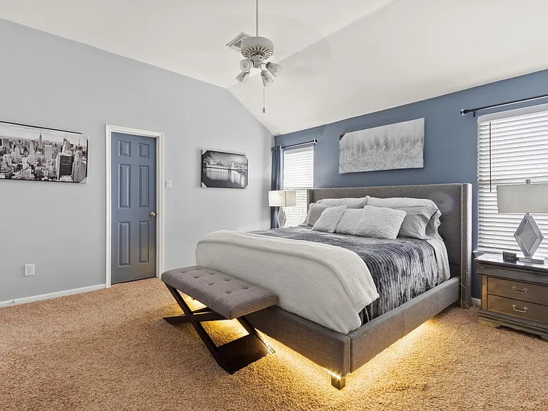 Adjustable kingsize bed with premium mattress and beddings. Ceiling fan. Fancy table lamps. LED underbed accent lights. Blackout curtains. 55 inches TV with Roku streaming stick