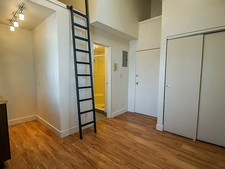 Chic studio apartment with modern loft ladder, stylish wooden flooring, and bright lighting.