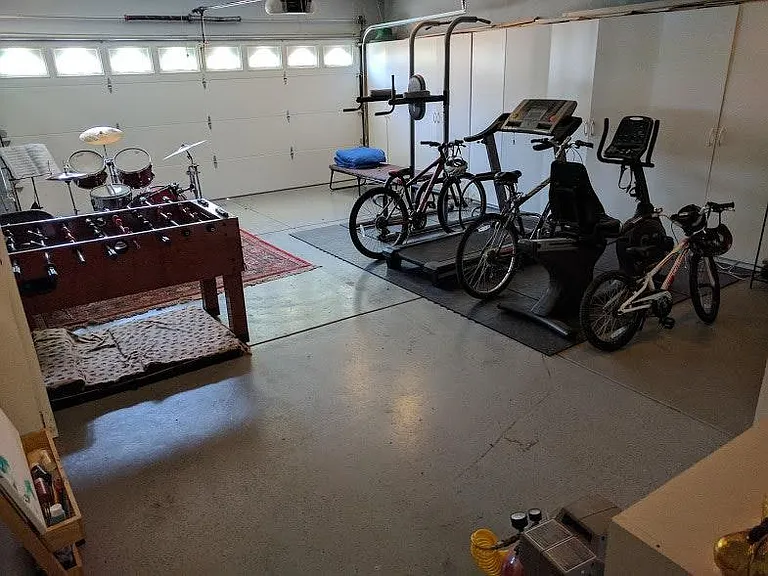Garage with built in cabinets