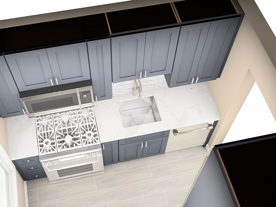 Indigo blue cabinets, white quartz countertops, stainless steel appliances, white herringbone tile backsplash, porcelain tile floor