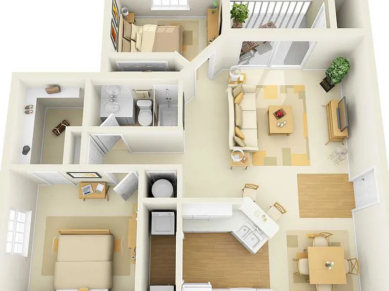 Two Bedrooms, One Bathroom, 1114 sqft, Screened-in Patio/Balcony, Laundry Room with Full-Size Washer/Dryer, Walk-in Closet, Linen Closet, Vaulted Ceilings in Third Floor Homes Only Two Bedrooms, One Bathroom, 1114 sqft, Screened-in Patio/Balcony, Laundry 