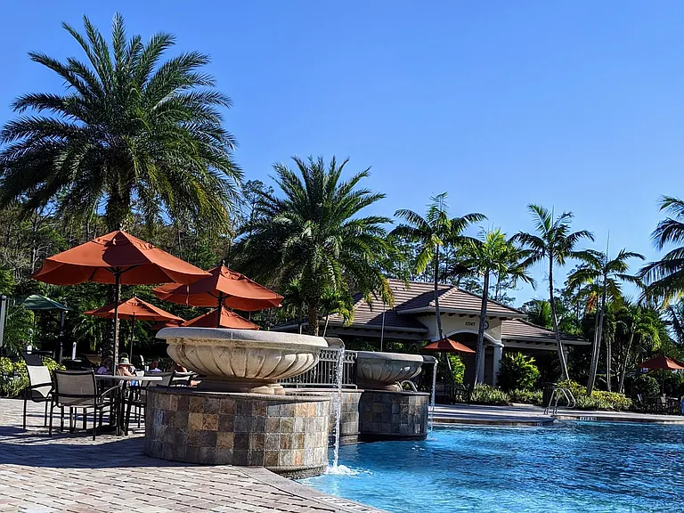 Resort pool and lap pool, tennis, pickle ball, full gym and fitness area, tiki bar, outdoor grills and fire pit at the amenity center all included in the monthly rent