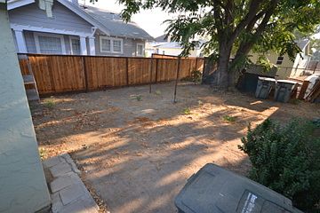 Backyard with big shade tree.